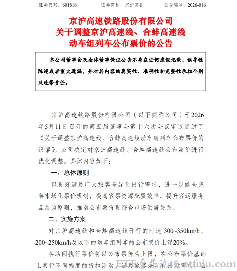 京沪高铁部分线路涨价20%